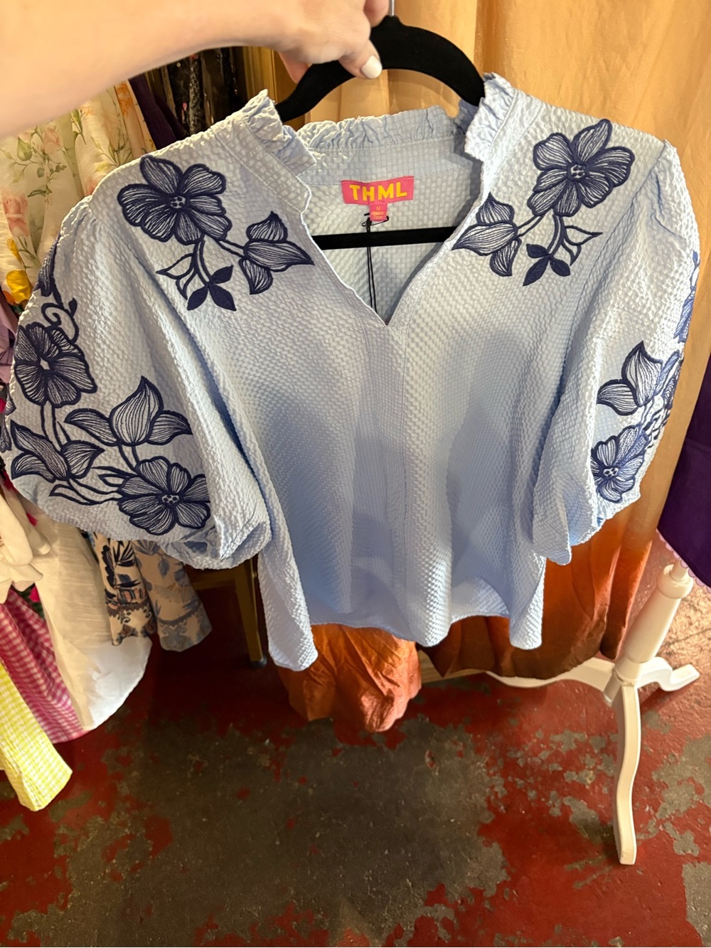 THML Sky Blue Puff Sleeve Embroidered Blouse, NWT Size S and M